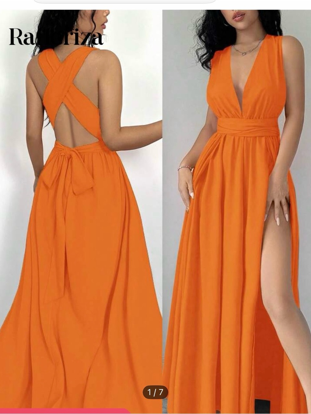 Orange V-Neck Maxi Dress with Cross-Back Tie